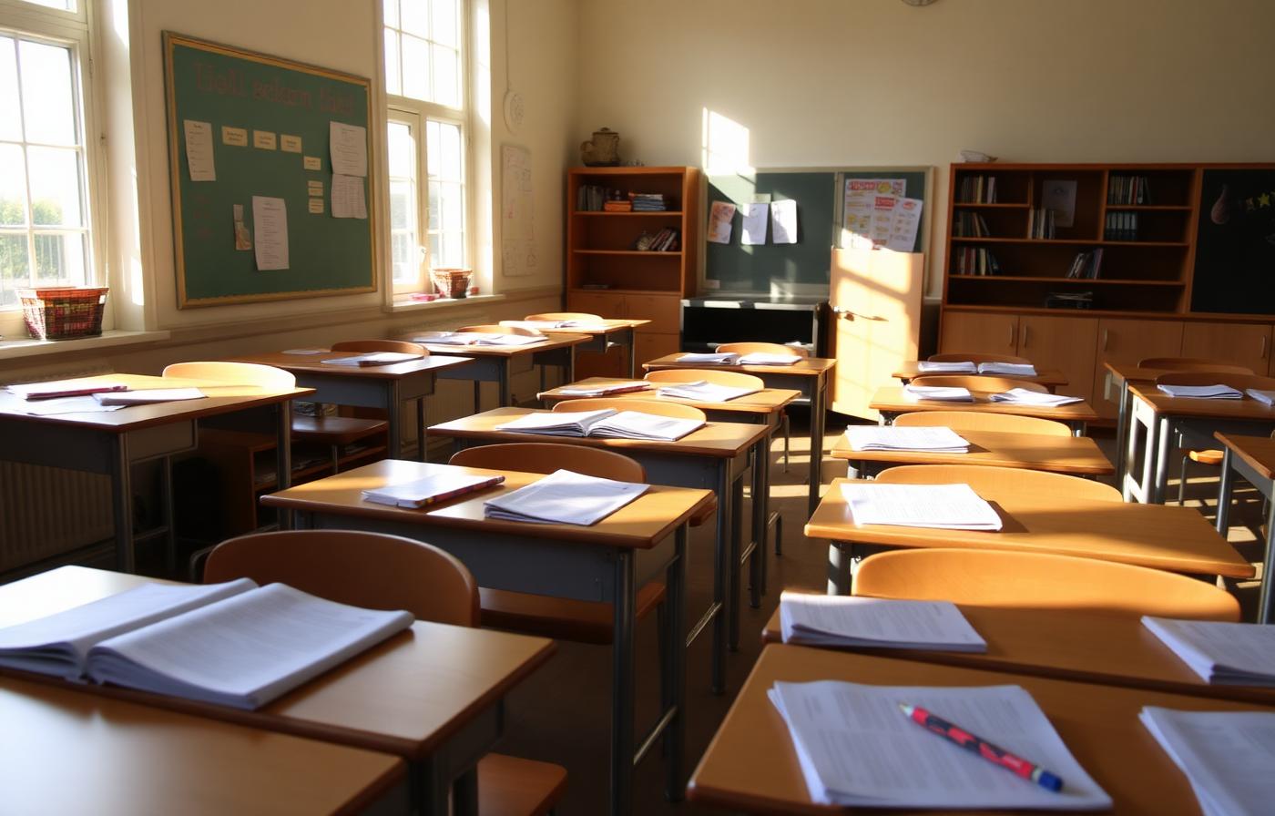 A bright UK primary school classroom set up for the day