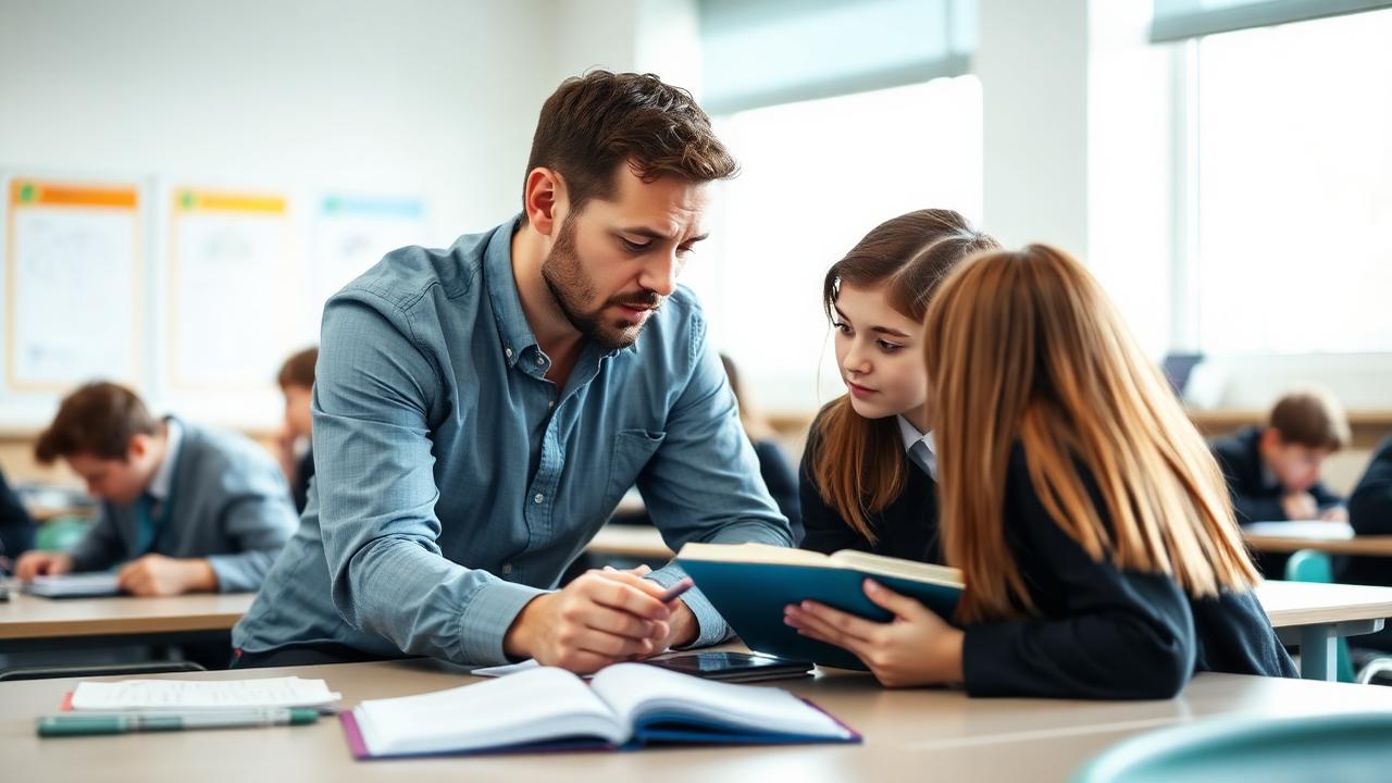 A supply teacher helping a small group of secondary school pupils with their work