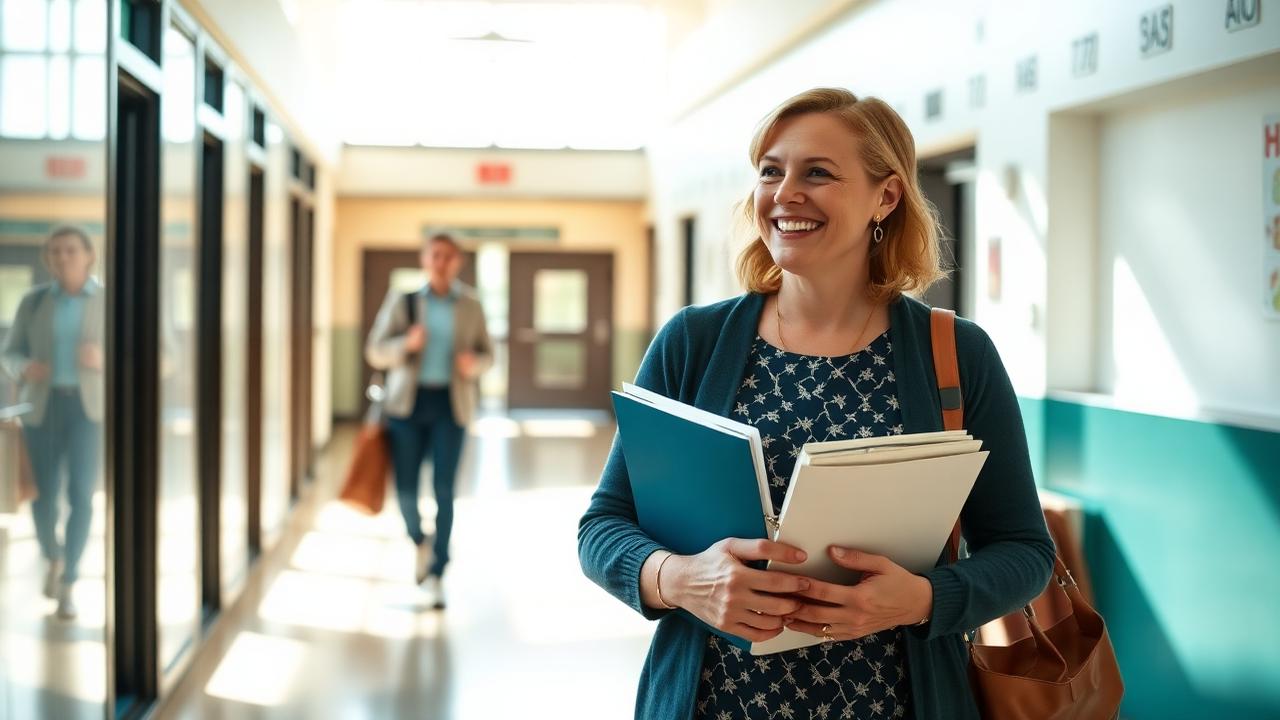 A supply teacher walking through a bright UK school corridor